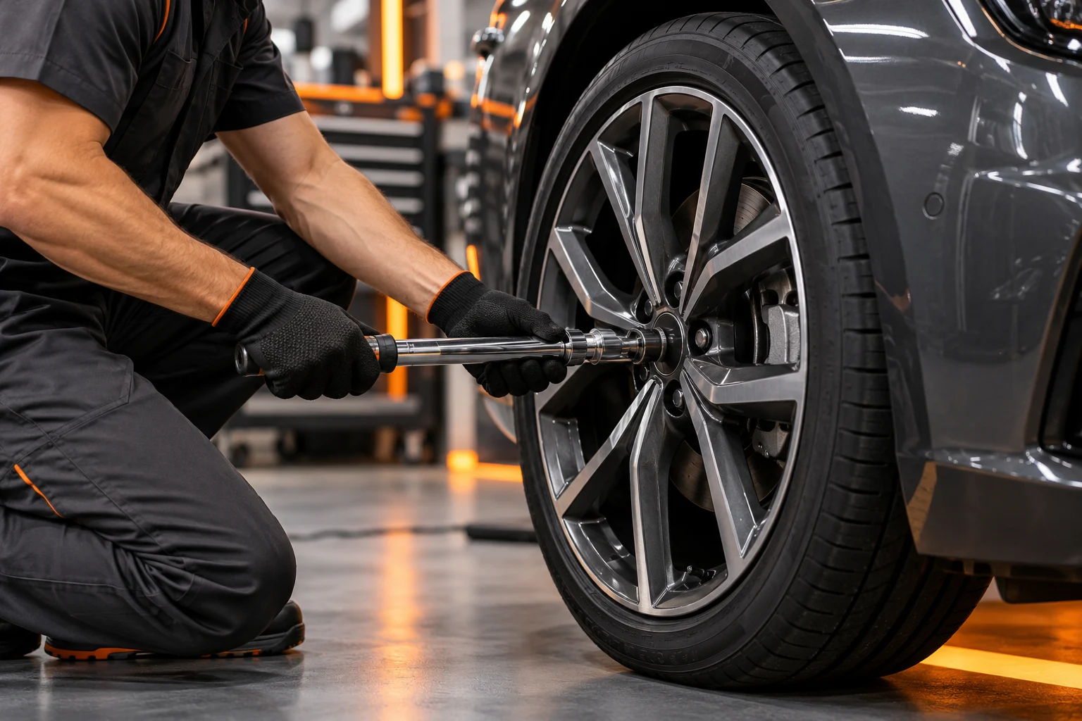 Ilustracja mechanika dokręcającego koło kluczem dynamometrycznym